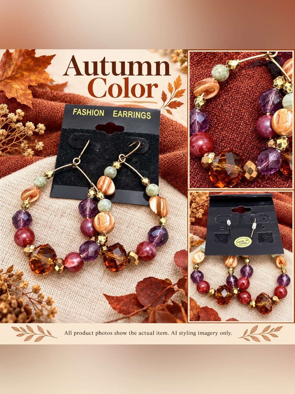 NWT Beaded Hoop Drop Earrings Purple Amber Orange Green Gold Tone Boho Fall